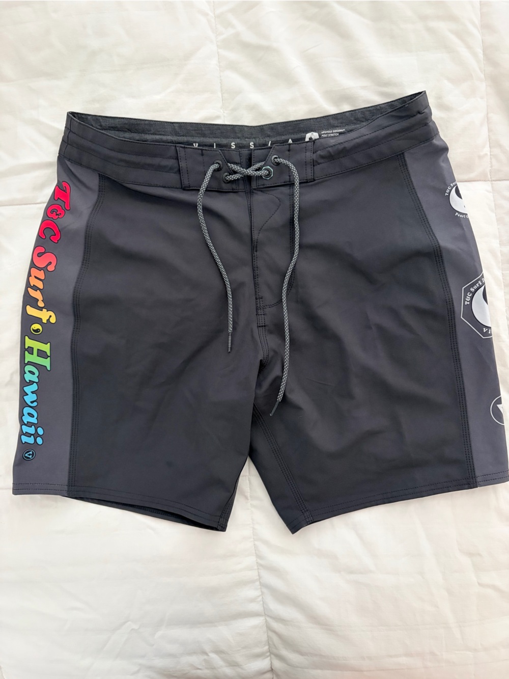 VISSLA Black Swim Shorts with Rainbow 'Surf Hawaii' Side Print